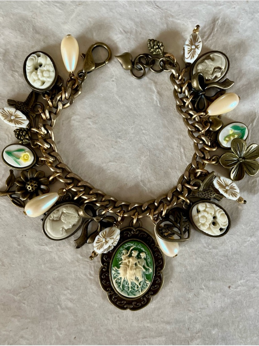 Victorian Inspired Cameos Charm Bracelet Three Graces Wedgwood Sage Green